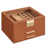 SONGMICS Jewellery Box with Glass Lid, 3-Layer Jewellery Organiser with 2 Drawers, Jewellery Storage, Plenty of Storage, Modern, Gift Idea, 20.3 x 23.1 x 13.5 cm, Caramel Brown and Gold JBC239K01