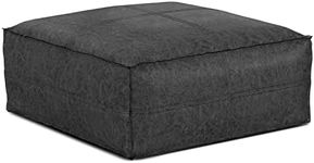 SIMPLIHOME Brody 30 Inch Boho Square Pouf in Distressed Black Vegan Faux Leather, For the Living Room, Bedroom and Kids Room