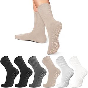 lilisilk 6 Pairs Pilates Socks Grip Socks for Women-Non-Slip Yoga Socks for Ballet Dance Barefoot Workout Pregnant Crew Socks, 02-6 Pack 2black/Dark Gray/Beige/Light Gray/White, Medium