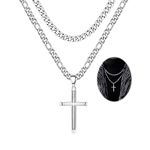 Adramata 925 Sterling Silver Layered Cross Necklace for Men Women Durable Stainless Steel Figaro Link Cuban Chain 18K Gold Plated Black Silver Crucifix Pendant Necklace Jewelry