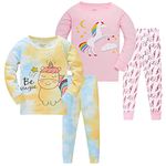 LOLPIP Pajamas for Girls Tie Dye Printed Sleepwear 100% Cotton PJs for Kids Unicorn Jammies Long Sleeve 4 Pieces Set Size 7