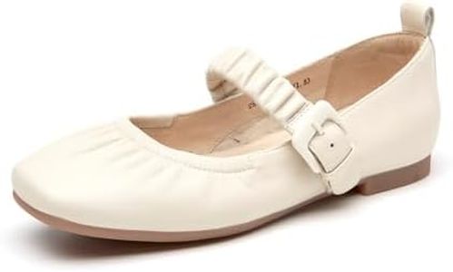 BEAU TODAY Womens Mary Jane Shoes, Leather Buckle Non-Slip Strap Oxford Shoes, Womens Round Toe Casual Dressy Chic Comfort Flats Trendy, Beige, 8.5
