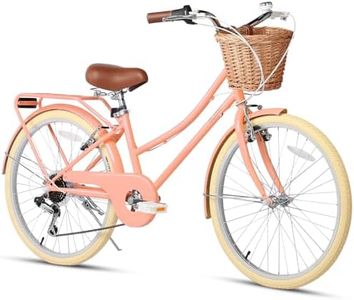 Glerc 24 Inch Beach Cruiser Bike, 6-Speed Hybrid City Bicycle for Girls Youth and Over 6 Years Old, Missy Bike with Wicker Basket & Lightweight, Peach