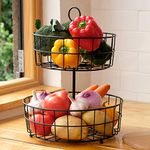 Fruit Basket Stand, 2 Tier Round Fruit Bowl Vegetables Storage Basket Holder Counter Top Garlic Caddy for Kitchen, Metal, Black, ALHAKIN