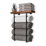 DAZUINIAO Towel Racks for Bathroom Wall Mounted Towel Rack with Wooden Shelf Towel Holder for Rolled Towels Metal Towel Storage Black