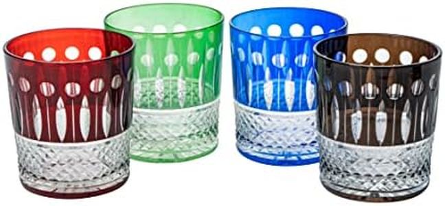 The Wine Savant Crystal Italian Multicolor Design Cups -Set of 4 Whiskey Glasses 8oz 3.5" H Bohemian Venetian Italian Style Red, Blue, Green, Black Glasses, for Dinner Parties, Bars & Weddings