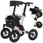 MobiQuip All Terrain 4 Wheel Rollator Walker with Seat, Champagne Coloured Frame - Lightweight, Folding Mobility Aids with Large 12" Pneumatic Tyres - Adjustable Handles, Easy-Grip Brakes & Storage