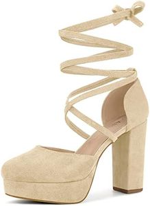 Allegra K Women's Lace Up Platform Strappy Chunky Heels Beige Pumps 8 M US