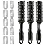 Bticx 3 Pieces Comb with 10 Pieces Razors, Hair Combs Double Hair Cutting Comb with 10 Stainless Steel, Hair Thinning Comb Slim Haircuts Cutting Tool