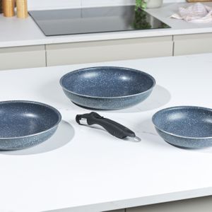 Russell Hobbs Nightfall Stone Frying Pan Set – Non-Stick, 3-Piece, Detachable Handle, Stackable