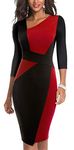 HOMEYEE Women Vintage Contrast Color Patchwork Office Pencil Work Business Dress B517, Red+black-3/4 Sleeve, 4