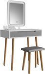 YOURLITE Dressing Table with LED Lights Mirror - White Vanity Makeup Table Set with Adjustable Brightness Mirror, Cushioned Stool and Free Make-up Organizer (White+Grey+Rectangle Mirror)