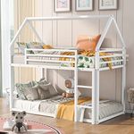 Merax Modern Heavy Metal House Low Bunk Bed Twin Over Twin, Montessori Floor Bunk Bed Frame with Full-Length Guardrail/No Box Spring Needed White