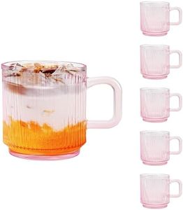 binsakao Glass Coffee Mugs 6 Pack - 12 OZ Pink Coffee Cups with Handles - Classic Vertical Stripes Transparent Tea Cup Set for Hot Cold Beverages