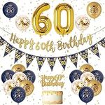 60th Birthday Decorations Men Blue Gold Happy 60th Birthday Banner,60th Birthday Balloons, Navy Blue Gold Latex Balloons Party Decorations Confetti Balloons for Men 60 Birthday Party Supplies