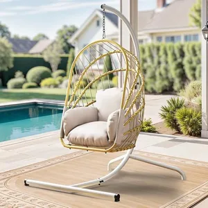 YITAHOME Wicker Swing Egg Chair with Cushions 350lbs, Foldable Hanging Basket Chair W/Stand Rattan Hammock Chair for Outdoor, Indoor, Patio, Bedroom - Beige