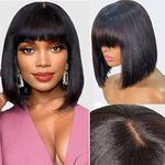 16 inch Bob Wigs Human Hair New Upgraded 2x1 HD Top Lace Glueless Wigs for Women 180% Density Straight Bob Fringe Wig Human Hair with Bangs 100% Brazilian Human Hair Wigs Can Be Permed & Dye