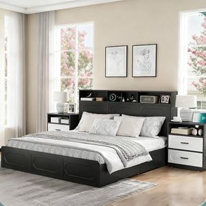 3 Pieces Bedroom Set, King Size Wood Platform Bed Frame and 2 Nightstands, Storage Headboard and Nightstand with Charging Station, Solid Wood Slats Support, No Box Spring Needed, Black