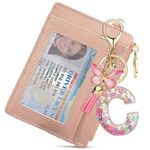 Personalized Initial Credit Card Wallets for Women with Small Wallet Wallet Slim,Initial Letter Keychains for Girls Women Pink Cute Tassle Keychain for Backpack School Bag, Pink Butterfly Letter C,