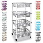 Plastic Storage Trolley Unit with Wheels Utility Kitchen Cart Vegetable Rack Fruit Basket Corner Shelf for Kitchen Bedroom Bathroom Living Room Office (4-Tier - Silver)