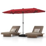 COSTWAY 4M Double-Sided Parasol, Outdoor Extra Large Sun Umbrella with Base, Solar LED Lights and Crank Handle, Market Sunshade Shelter Canopy for Garden Patio Beach Yard (Wine)