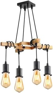 DAXGD Suspension Luminaire Industriel, Plafonnier lustre en Bois E27, Luminaire Plafonnier Vintage Noir Réglable en Hauteur pour Salon Cuisine, Chambre, 4 Ampoules NON INCLUSES