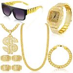 Equsion 9 Pieces Hip Hop Jewelry Set Dollar Sign Pendant Necklace Necklace Bracelet Bling Crystal Diamond Watch Punk Sunglasses Chinese Lucky Rings 80s 90s Party Accessories for Men