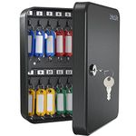 Pawfly 28-Key Steel Key Cabinet with 2 Unlocking Keys Wall Mounted Key Organizer Black Frosted Security Box with Hooks and Large Key Tag Labels Identifiers in 5 Assorted Colors