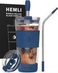 Hemli 19 oz. Clear Double Wall Glass Coffee Tumbler, To Go Glass Travel Mug with Lid, Portable Glass Thermos with Straw, Reusable Cup for Coffee, Tea, Smoothies, Ice Coffee, and Boba (Dark Blue)