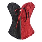 RHISLEO Women Black Red Bustier Burlesque Basque Rouge Zip Lace Up Boned Corset Top (Floral Black Red (Zip up), 12)