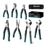 DURATECH 7-Piece Pliers Set with Rolling Pouch, Premium Cr-Ni Construction (10", 8" Groove Joint Pliers, 8", 6" Long Needle Nose, 8" Linesman, 6" Slip Joint, 6" Diagonal) for Basic Repair