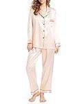 Finvizo Womens Silk Satin Pyjamas Set: Ladies Pajamas Long Sleeve Pj Set Two-piece Sleepwear Silky Button-down Nightwear Soft Loungewear Sets, L Champagne