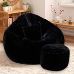 Comfy 4XL Bean Bag with Beans Filled - Imported Premium Fur Bean Bag Sofa : with Free Cushion and Footrest - Furry Fusion Softness and Luxurious Comfort (Matching Color : Soft Fur, Black)