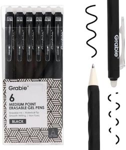 Grabie Erasable Gel Pens, Medium Point 0.7 mm Erasable Pens, Make Mistakes Disappear for Drawing Writing Planner, Pack of 6, Black