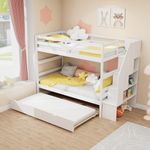 KOMFOTT Wood Twin Over Twin Bunk Bed with Trundle & Storage Stairs, Bunk Bed Frame with Protective Guardrails for Kids Room, Bedroom, Convertible to 2 Separated Beds, No Box Spring Needed (White)