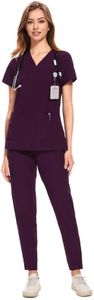 COZYFIT Medical Scrubs for Women Set - Curved V-Neck Scrub Top & Jogger Pants with 8 Pockets - Dark Purple, M