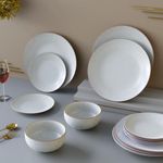 The Earth Store Handcrafted White Matte Brown 14 Piece Ceramic Dinner Set 6 Full Dinner Plates, 6 Quarter Plates, 2 Snack Bowls | Microwave & Dishwasher Safe | Ceramic Plate | Katori