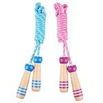 Hianjoo Skipping Rope for Kids [2 Pack], Adjustable Cotton Rope Wooden Handle Jump Rope for Children Boys and Girls for Exercise Fitness Training Weight Loss Outdoor Activity, Pink and Blue