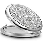 OMIRO Compact Mirror, Mini Small Diamond 1X/2X Magnifying Round Metal Pocket Makeup Mirror (Silver)