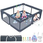 LQIKARL Baby Playpen for Babies and Toddlers with a Basket, 50pcs Ocean Balls, 4 Pull Rings, Anti-Collision Foam & Breathable Mesh, Playpen Indoor, Activity Center for Babies Kids Toddlers