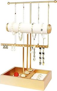 ZALIZR Jewelry Organizer Stand - 3 Tier Gold Metal Tree Tabletop Bracelet and Necklace Holder with Ring Tray - Modern Jewelry Storage Display for Necklaces, Bracelets, Earrings and Rings