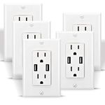 OviiTech 2.4 AMP Dual High Speed Wall Mount Charger USB Outlet,15A Tamper Resistant Receptacle, 5 Wall Plate Included,White （5 Pack）