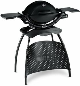 Weber Q1200 Gas Grill with Stand, 43 x 32 cm Grilling Surface, Portable BBQ Grill, 1 Burner, 2-Piece Porcelain-Enamelled Cast Iron Grill Grate, with Lid Thermometer - Black (51010374)