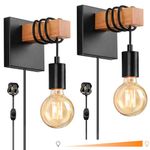 Lightess Industrial Wall Lights Set of 2 Plug in Wall Lights with Switch Indoor Dimmable Wall Lamp Wood Wall Sconces for Bedroom Living Room Stair Kitchen - Black 2Pcs