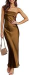 Caracilia Women's Summer Strapless Satin Tube Bodycon Backless Wedding Guest Maxi Dress Formal Long Dresses Brown Medium