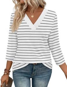 WIHOLL Womens 3/4 sleeve Tops and Blouses Black and White Striped V Neck Tunic Tops for Women Loose Fit Dressy L