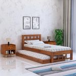 Ganpati Arts Sheesham Wood Simon Single Size Trundle Bed with 1 Extra Pullout Bed for Bedroom Home (Natural Finish)