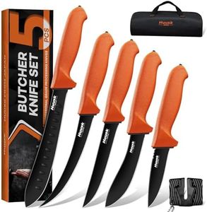Huusk 5pcs Butcher Knife Set - Professional Meat Processing Kit with Non-Slip Orange Handle, German Stainless Steel Granton Butcher, Skinning, Curved Boning, Caping Knife with Roll Bag Gift for Men