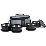 sylver Bitebox Set of 4 Universal Lunch Box : Unisex, Leak Proof & Microwave Safe, 4 Inner Steel Containers (400ml), Insulated Fabric Bag for Full Meal, Easy to Carry (Black Grey)