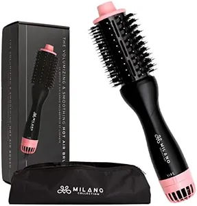 Milano Collection Hot Air Hair Brush Dryer, Quick & Easy Styling, Hair Volumizer for Human Hair Wigs & Natural Hair, Lightweight Round-Shaped Barrel Blow Dry Brush, Black
